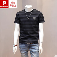 皮爾卡丹夏季薄款條紋短袖t恤男士時尚刺繡上衣韓版潮流青年圓領(lǐng)休閑半袖 官方旗艦國際品牌-旗艦官方-黑色-國際品牌 L (建議115-130斤)-國際品牌