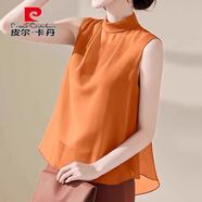 皮爾卡丹（pierre cardin）無(wú)袖2025純色寬松新款氣質(zhì)夏季洋氣襯衣立領(lǐng)上衣背心簡(jiǎn)約雪紡衫 橙色 S