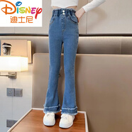迪士尼童裝春秋新款彈力女童牛仔褲洋氣中大童寶寶兒童夏裝女孩喇叭褲子 雙層花邊喇叭褲【藍色】 150 cm