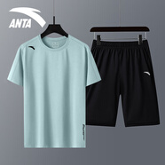 安踏（ANTA）冰絲速干運(yùn)動(dòng)套裝男2025夏季新款透氣短袖t恤男休閑健身跑步服飾 7114-2海晏藍(lán)【套裝】 L/175 適合120-140斤