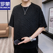 羅蒙（ROMON）紋理感褶皺冰絲短袖t恤男士夏季韓版潮流半袖男青少年圓領(lǐng)體恤衫T 黑色 XL