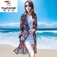 啄木鳥(niǎo)（TUCANO）2025新款防曬衣女中長(cháng)款夏季披肩薄外套雪紡外搭開(kāi)衫沙灘防紫外線(xiàn) 8819長(cháng)袖-黑底紅牡丹 3XL (135-145斤)