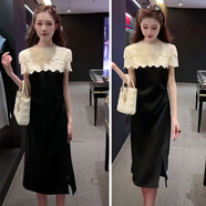 女人味十足的裙子感氣質(zhì)蕾絲拼接連衣裙女夏法式優(yōu)雅收腰小黑裙小 連衣裙 L 105-115斤