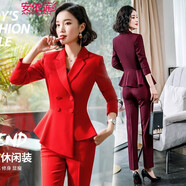 安依蓮職業(yè)裝女裝套裝春秋小香風(fēng)不規(guī)則職業(yè)小西裝正裝時(shí)尚女士紅色西服 大紅色外套+褲子 3XL