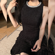 法式千金風(fēng)設(shè)計(jì)感亮閃鉆石連衣裙女春夏背心小黑裙子生日約會(huì)禮服 黑色 M