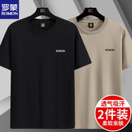 羅蒙夏裝純棉短袖T恤男款圓領(lǐng)寬松薄款夏季休閑百搭半袖體恤打底衫 黑色+卡其色 100%棉 L 建議100-120斤