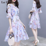 拉夏貝爾（La Chapelle）雪紡連衣裙女裝2025年夏季新款韓版修身時(shí)尚小個(gè)子碎花沙灘裙子夏 藍色 L 【建議102-115斤】