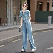 艾妃琳今年流行夏季薄款牛仔套裝女裝夏款感2025新款闊腿長(cháng)款兩件套 淺藍色 S