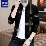 羅蒙（ROMON）2025春秋季水貂絨針織開(kāi)衫男士韓版印花立領(lǐng)休閑青年夾克衫外套潮 WE8993款 黑色 【拉鏈款】 M