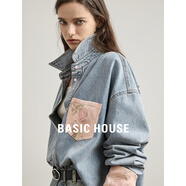 BASIC HOUSE/百家好國風(fēng)牛仔外套酷颯風(fēng)2024秋季新款高級感休閑寬松襯衫女 牛仔藍(lán) S