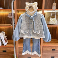 G·DUCK KIDS小黃鴨女童小香風(fēng)套裝2025新款春季時(shí)髦三件套女寶寶洋氣春裝春秋 米色打底衫+拼接外套+花邊牛仔褲 110