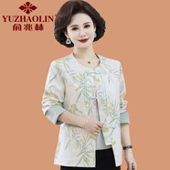 俞兆林（YUZHAOLIN）媽媽新款中式國(guó)風(fēng)外套短款2025春秋中老年女裝復(fù)古印花小西裝上衣 竹葉米 XL (參考90-105斤)