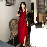 大碼早秋港風(fēng)紅色禮服裙子女夏季胖mm顯瘦收腰氣質(zhì)掛脖吊帶連衣裙 吊帶裙高端精致學(xué)院風(fēng)寬松桔梗小香風(fēng)在逃公主性感泰式 M M