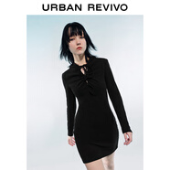 UR2024春季新款女辣妹風(fēng)修身鏤空褶皺綁帶連帽連衣裙UWV740003 正黑 XS