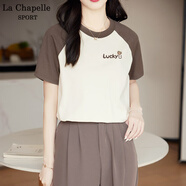 La Chapelle Sport拉夏貝爾拼色插肩短袖t恤女夏季潮流休閑寬松時(shí)尚純棉打底衫上衣 咖色(幸運(yùn)愛心胸標(biāo)) XL (推薦130-150斤)