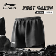 李寧（LI-NING）泳褲男士防尷尬寬松平角沙灘泳褲雙層溫泉海邊度假游泳褲黑色L
