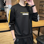 花花公子（PLAYBOY）長(cháng)袖t恤衛衣男士春秋季寬松上衣服拼色學(xué)生打底衫潮流圓領(lǐng)裝 07黑色 XL