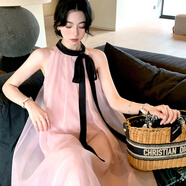 FSHE度假風(fēng)系帶掛脖連衣裙女夏季生日小禮裙氣質(zhì)甜美公主裙雪紡短裙子 圖片色粉黑(長(zhǎng)款) M 建議(90-110斤)