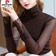 皮爾卡丹（pierre cardin）加絨歐洲站網(wǎng)紗打底衫秋冬法式蕾絲邊t恤新款高領(lǐng)洋氣女裝 咖啡色 170-185斤 5XL