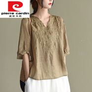 皮爾卡丹（pierre cardin）短袖刺繡棉麻T恤女夏季寬松薄款V領中袖小衫亞麻女裝上衣 香檳金色 2XL