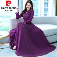 皮爾卡丹（pierre cardin）連衣裙 春夏收腰顯瘦氣質(zhì)雪紡大擺裙純色裙仙女裙針織 紫色 M