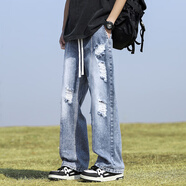 AEMAPE牛仔褲男破洞潮流美式2026新款男士休閑直筒長(cháng)褲春秋季男寬松褲子 BK218復古藍 L 125-135斤