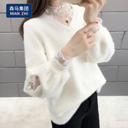 棉致2022新款春秋季假兩件蕾絲V領(lǐng)針織仿水貂絨短款毛衣女寬松打底衫 白色 S 建議85-95斤