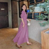 VYQA高端品牌 法式連衣裙女 夏季新款泡泡袖收腰顯瘦溫柔風(fēng)森系中長(zhǎng)裙 粉紫色 S 建議105斤內(nèi)