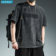 UETEEY潮流寬松百搭重磅短袖T恤男夏季2025新款水洗體恤上衣服潮牌男裝 黑色 L 115-135斤