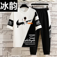 冰韻短袖男青少年t恤胖男孩12-15歲初中小學(xué)生套裝13大童夏裝14潮流帥 618-52白色(短袖+長(cháng)褲) 品質(zhì)升級 M (75-98斤左右)