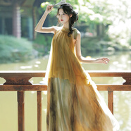 新中式國(guó)風(fēng)氣質(zhì)仙女度假沙灘長(zhǎng)裙網(wǎng)紗扎染假兩件掛脖超仙連衣裙夏 圖片色 S
