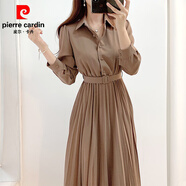 皮爾卡丹（pierre cardin）百褶連衣裙女韓國chic秋季簡(jiǎn)約優(yōu)雅翻領(lǐng)單排扣系帶收腰長(cháng)袖中長(cháng)款 咖色 L 170