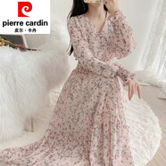皮爾卡丹（pierre cardin）文藝風碎花裙雪紡連衣裙長裙春季韓版仙女裙荷葉邊大擺裙針織 粉色853 2XL 120-140斤