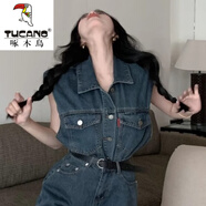 啄木鳥(niǎo)（TUCANO）復古時(shí)尚牛仔短褲套裝女翻領(lǐng)無(wú)袖馬甲上衣女裝夏季百搭卷邊套裝 上衣 S