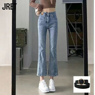 JRET微喇牛仔褲女小個(gè)子2025春秋新款開(kāi)叉高腰顯瘦百搭九分直筒喇叭褲 淺藍色[九分+腰帶] M 建議98-109斤