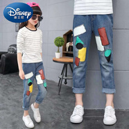 迪士尼（Disney）彈力女童牛仔褲春秋2025新款中大童喇叭褲兒童秋裝百搭女童長褲子 方塊補(bǔ)丁 單褲 100 身高95-100cm
