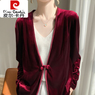皮爾卡丹（pierre cardin）新中式盤(pán)扣絲絨外套女v領(lǐng)氣質(zhì)金絲絨開(kāi)衫上衣小西裝初秋薄外套 酒紅色 L