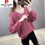 皮爾卡丹（pierre cardin）夏裝鏤空針織長(cháng)袖網(wǎng)衫女春秋新款蝙蝠罩衫薄款毛衣女寬松v領(lǐng)上衣 梅紅色 2XL 建議120-130斤