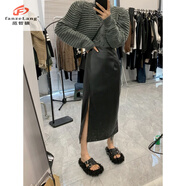 范哲狼（FANZELANG）秋冬新款綿羊皮皮裙真皮皮裙韓國復御姐范半身裙女高腰開(kāi)叉長(cháng)裙潮 黑色 S