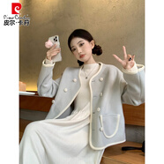 皮爾卡丹（pierre cardin）半高領(lǐng)針織長袖連衣裙小香風(fēng)毛呢外套女秋冬新款流行時尚漂亮套裝 淺藍(lán)色外套 均碼