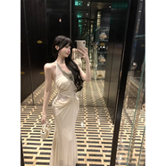 以歐（YIOU）晚會(huì )年會(huì )生日禮服法式感掛脖包臀裙女夏性感抽褶晚禮裙8121 優(yōu)雅米杏 S