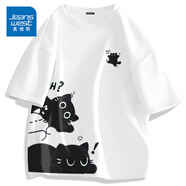 真維斯（Jeanswest）歐美潮牌短袖t恤男夏季純棉衣服大碼森系學(xué)生oversize時(shí)尚文化衫 白色(堆堆貓) L (175) (收藏加購(gòu)優(yōu)先發(fā))