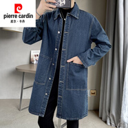 皮爾卡丹（pierre cardin）中長款牛仔衣男士春秋季薄款寬松工裝休閑翻領(lǐng)牛仔風(fēng)衣外套潮 深藍色 2XL