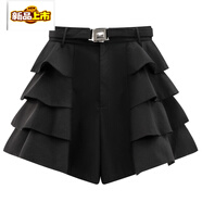 初徑荷葉邊闊腿褲高腰a字黑色短褲女2025年春季新款設計感蛋糕裙褲裙 黑色 S