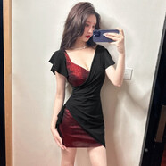 欲動夜店女裝2025夏裝氣質夜場女裝性感低胸桑拿連衣裙顯瘦洗浴 酒紅色 S