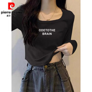 皮爾卡丹（pierre cardin）長(cháng)袖t恤女士正肩加絨打底衫不規則短款內搭上衣秋冬2026新款修身 白TOT字-黑色【春秋款】 2XL 120-140斤