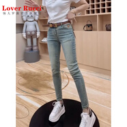 LOVER RUCCI淺色牛仔褲女2025夏季薄款大碼胖mm彈力小腳褲小個子九分鉛筆褲 淺藍色 【不+腰帶】 L 【100-120斤】