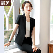 晨芙短袖小西裝女夏薄款職業(yè)西服套裝商務(wù)白領(lǐng)面試正裝酒店前臺(tái)工作服 黑色西裝+九分褲+白吊帶 XL 建議110-120斤