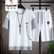 啄木鳥(niǎo)短袖t恤男夏季寬松男裝衣服潮休閑情侶春秋季體恤短褲兩件套夏裝 638白色t恤＋短褲 XL