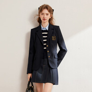 白鹿語(yǔ)春秋日系學(xué)院風(fēng)徽章短外套氣質(zhì)修身西裝外套女 藏藍色 M 